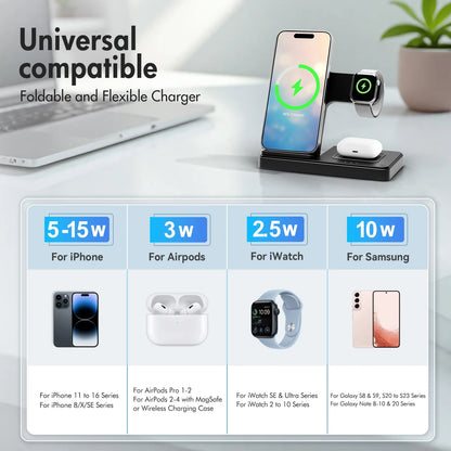 Wireless Charger, 15W QC 3.0 Magnetic Fast Charging Stand for Iphone 15 14 13 12 11 Pro Max/Plus/Xs/Xr/X/8, for Apple Watch 9/8/7/6/5/4/3/2/SE, for Airpods 3/2/Pro, 3 in 1 Wireless Charging Station