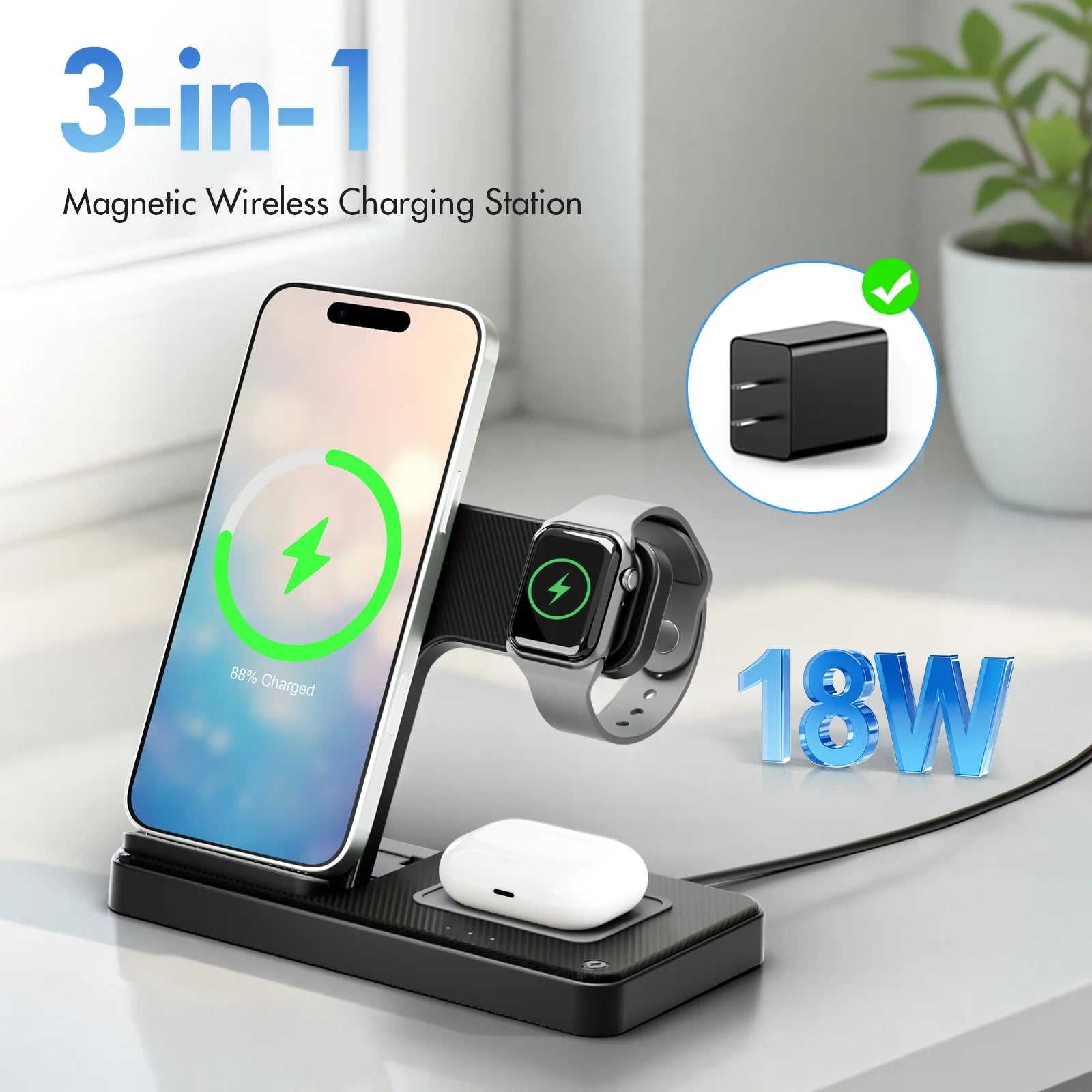 Wireless Charger, 15W QC 3.0 Magnetic Fast Charging Stand for Iphone 15 14 13 12 11 Pro Max/Plus/Xs/Xr/X/8, for Apple Watch 9/8/7/6/5/4/3/2/SE, for Airpods 3/2/Pro, 3 in 1 Wireless Charging Station