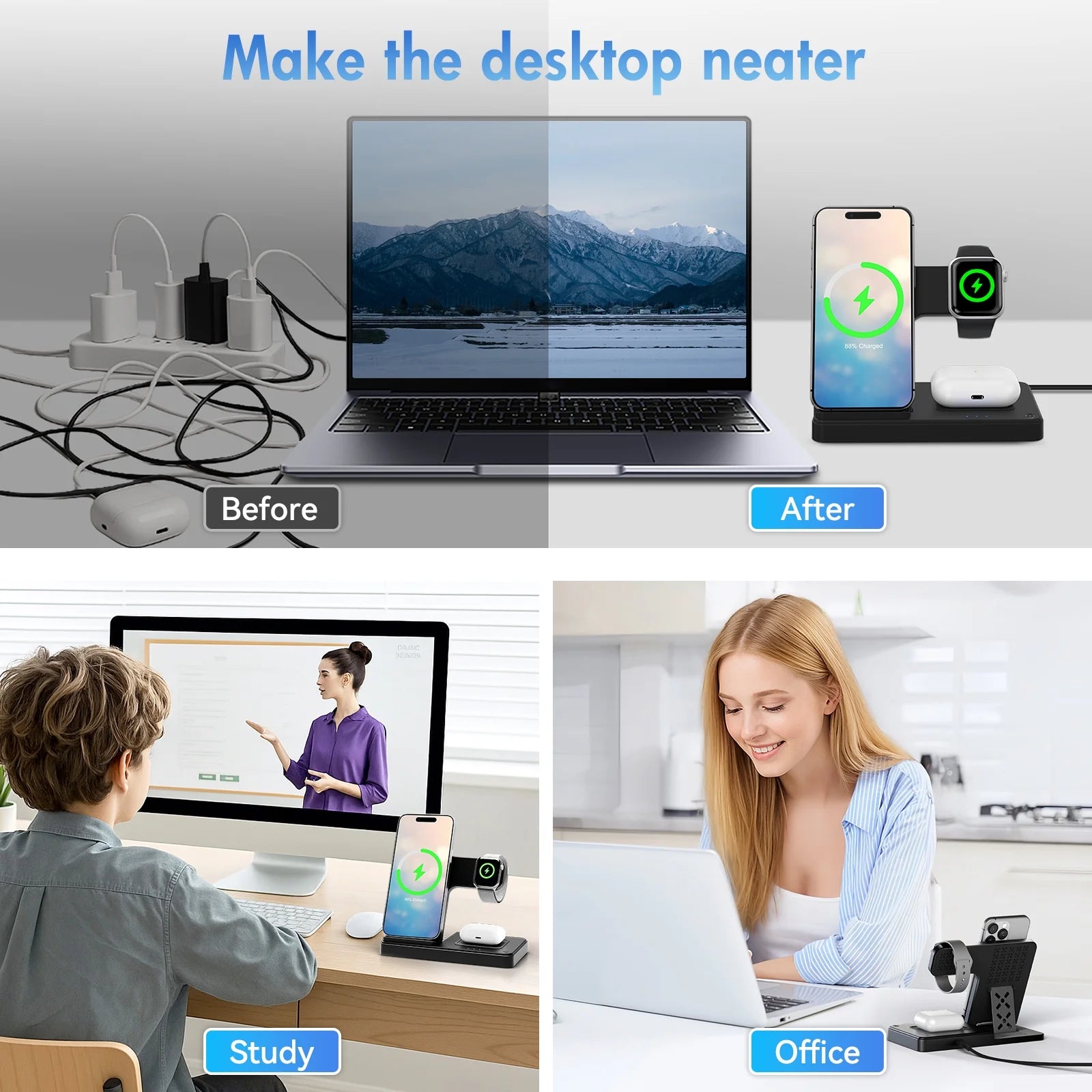 Wireless Charger, 15W QC 3.0 Magnetic Fast Charging Stand for Iphone 15 14 13 12 11 Pro Max/Plus/Xs/Xr/X/8, for Apple Watch 9/8/7/6/5/4/3/2/SE, for Airpods 3/2/Pro, 3 in 1 Wireless Charging Station
