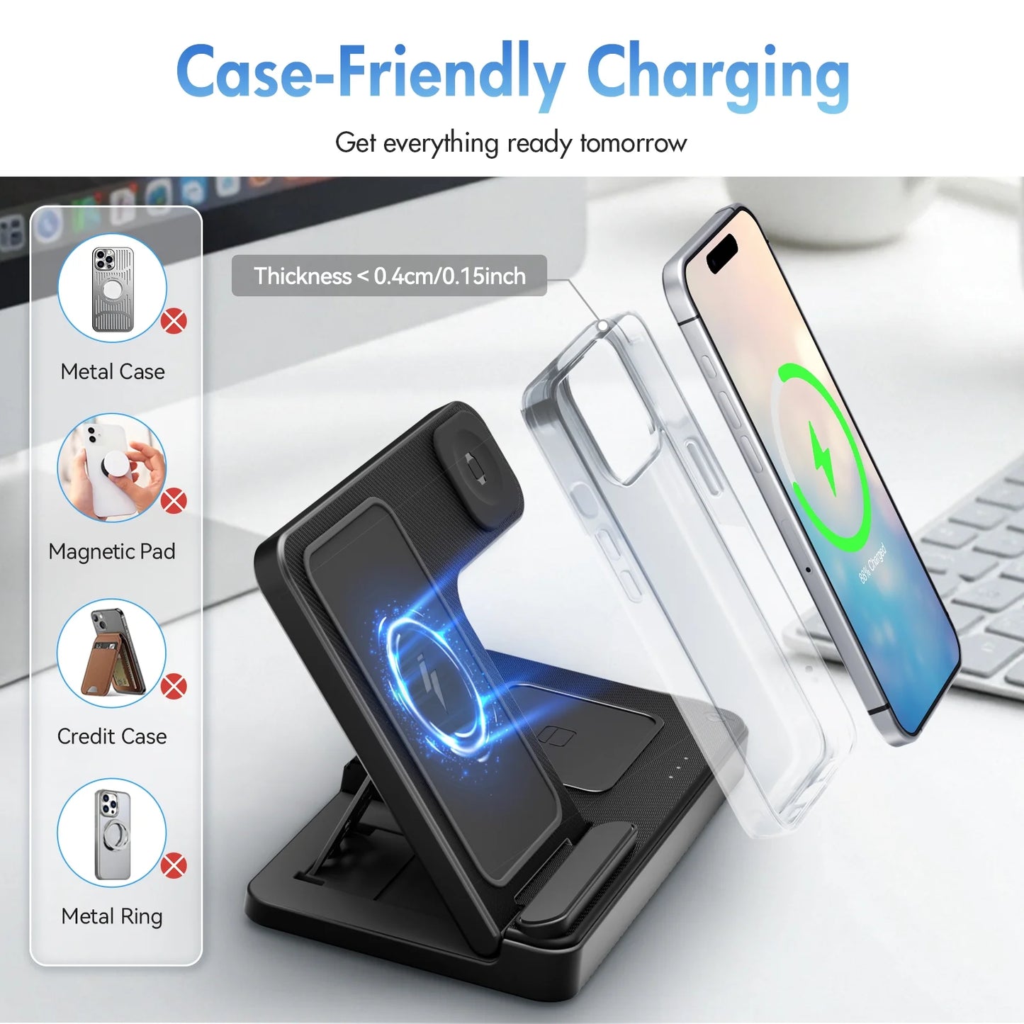 Wireless Charger, 15W QC 3.0 Magnetic Fast Charging Stand for Iphone 15 14 13 12 11 Pro Max/Plus/Xs/Xr/X/8, for Apple Watch 9/8/7/6/5/4/3/2/SE, for Airpods 3/2/Pro, 3 in 1 Wireless Charging Station