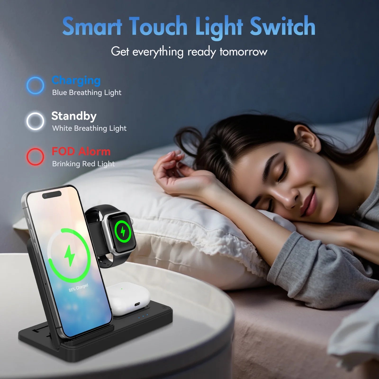 Wireless Charger, 15W QC 3.0 Magnetic Fast Charging Stand for Iphone 15 14 13 12 11 Pro Max/Plus/Xs/Xr/X/8, for Apple Watch 9/8/7/6/5/4/3/2/SE, for Airpods 3/2/Pro, 3 in 1 Wireless Charging Station