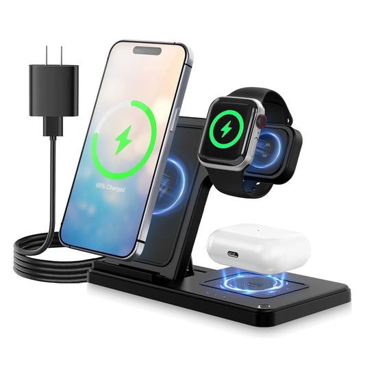 Wireless Charger, 15W QC 3.0 Magnetic Fast Charging Stand for Iphone 15 14 13 12 11 Pro Max/Plus/Xs/Xr/X/8, for Apple Watch 9/8/7/6/5/4/3/2/SE, for Airpods 3/2/Pro, 3 in 1 Wireless Charging Station